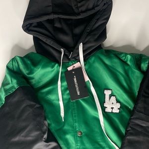 Green Satin Racer Contrast Hooded Bomber